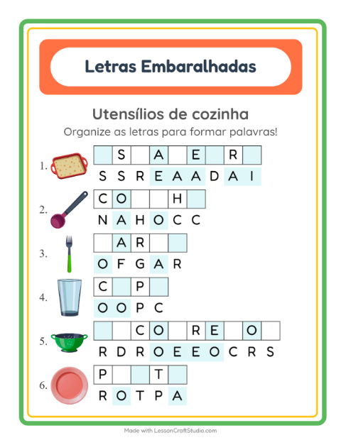 Pré-visualização da ficha de Letras Embaralhadas com Utensílios de cozinha para 1º ano do ensino fundamental