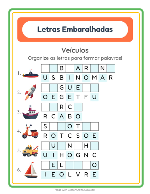 Pré-visualização da ficha de Letras Embaralhadas com Veículos para 1º ano do ensino fundamental