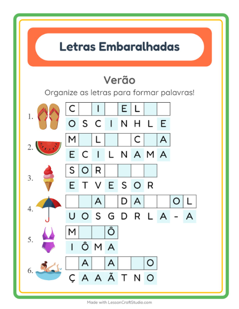Pré-visualização da ficha de Letras Embaralhadas com Verão para 1º ano do ensino fundamental