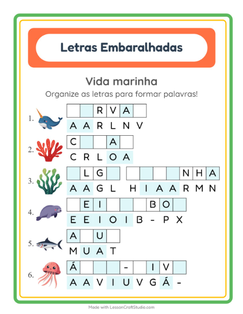 Pré-visualização da ficha de Letras Embaralhadas com Vida marinha para 1º ano do ensino fundamental