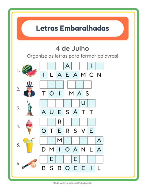 Pré-visualização da ficha de Letras Embaralhadas com 4 de Julho para 1º ano do ensino fundamental