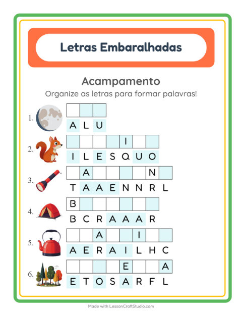 Pré-visualização da ficha de Letras Embaralhadas com Acampamento para 1º ano do ensino fundamental
