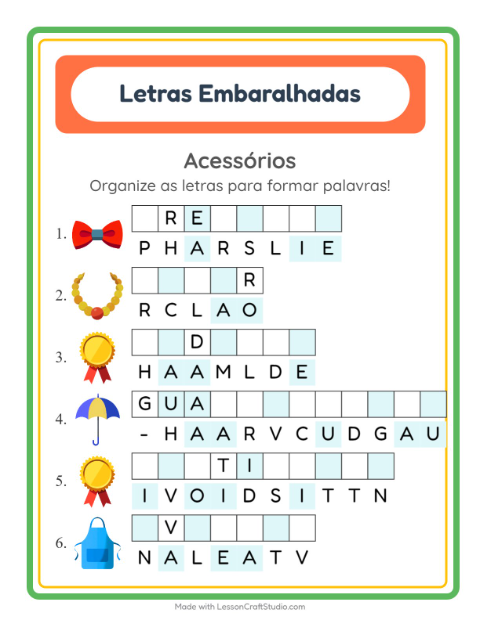 Pré-visualização da ficha de Letras Embaralhadas com Acessórios para 1º ano do ensino fundamental