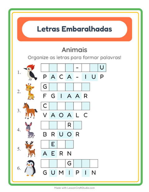 Pré-visualização da ficha de Letras Embaralhadas com Animais para 1º ano do ensino fundamental
