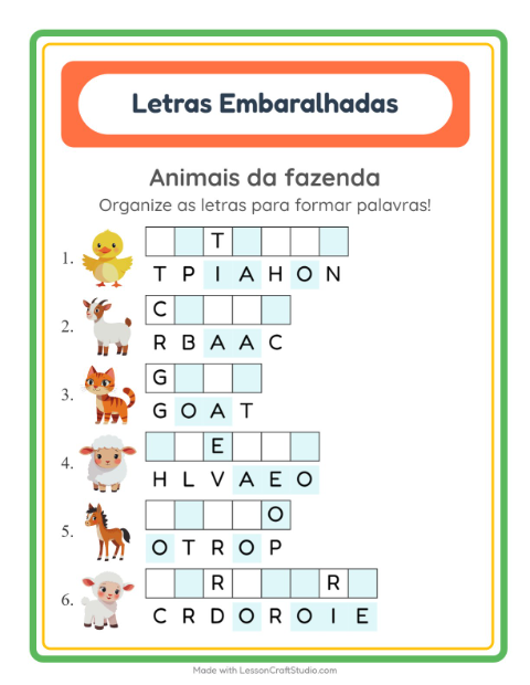 Pré-visualização da ficha de Letras Embaralhadas com Animais da fazenda para 1º ano do ensino fundamental