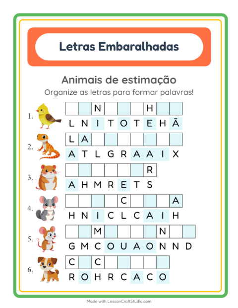 Pré-visualização da ficha de Letras Embaralhadas com Animais de estimação para 1º ano do ensino fundamental