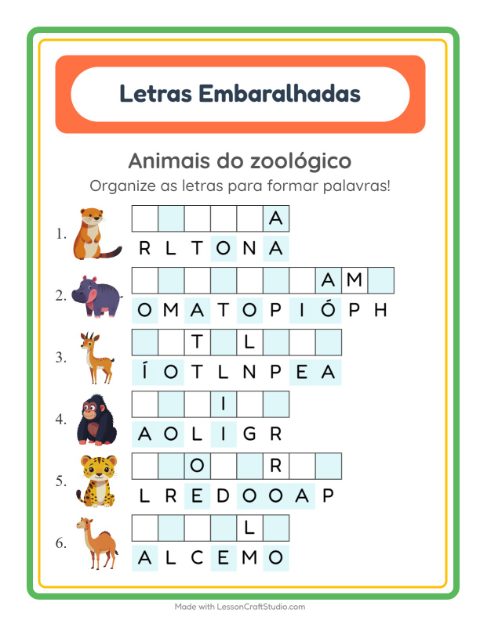 Pré-visualização da ficha de Letras Embaralhadas com Animais do zoológico para 1º ano do ensino fundamental