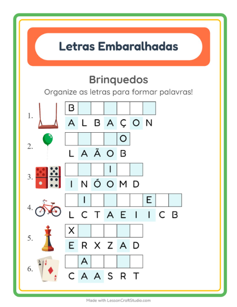 Pré-visualização da ficha de Letras Embaralhadas com Brinquedos para 1º ano do ensino fundamental