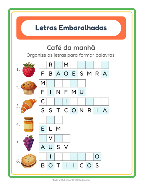 Pré-visualização da ficha de Letras Embaralhadas com Café da manhã para 1º ano do ensino fundamental
