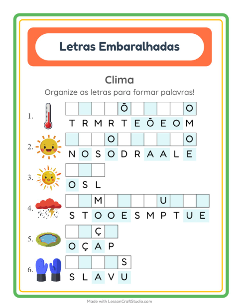 Pré-visualização da ficha de Letras Embaralhadas com Clima para 1º ano do ensino fundamental