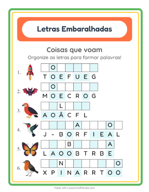 Pré-visualização da ficha de Letras Embaralhadas com Coisas que voam para 1º ano do ensino fundamental