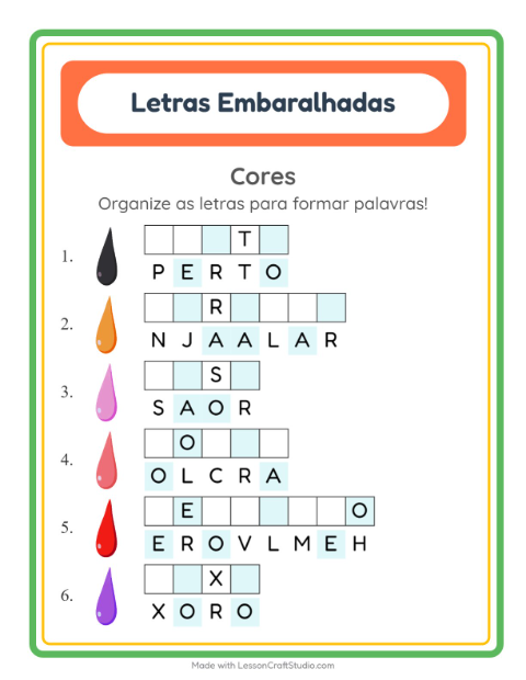 Pré-visualização da ficha de Letras Embaralhadas com Cores para 1º ano do ensino fundamental