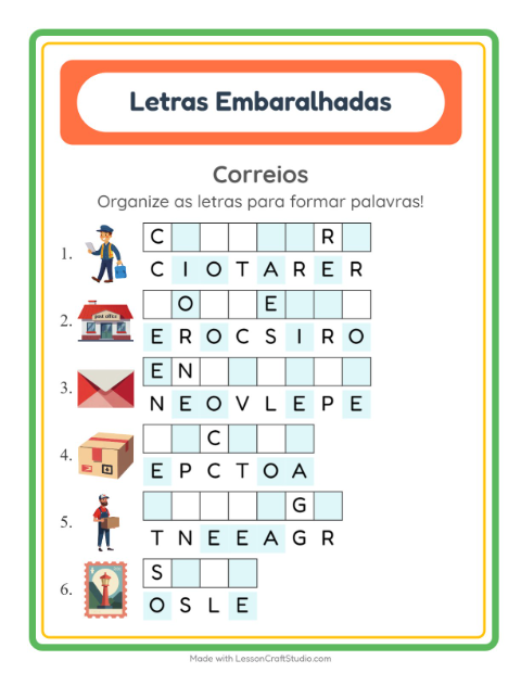 Pré-visualização da ficha de Letras Embaralhadas com Correios para 1º ano do ensino fundamental