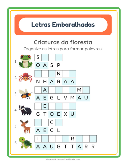 Pré-visualização da ficha de Letras Embaralhadas com Criaturas da floresta para 1º ano do ensino fundamental