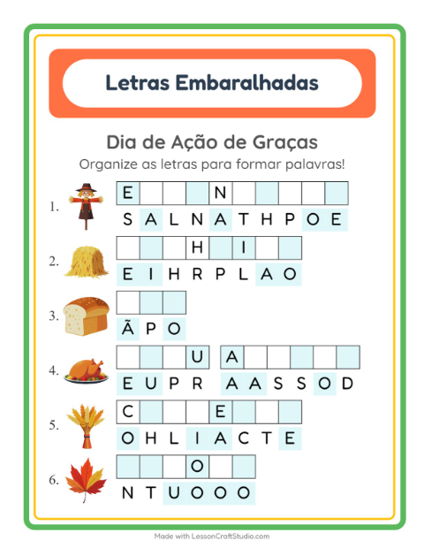 Pré-visualização da ficha de Letras Embaralhadas com Dia de Ação de Graças para 1º ano do ensino fundamental