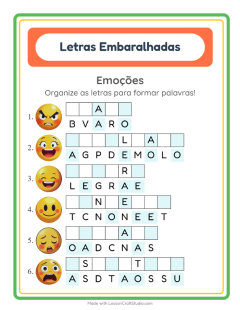 Pré-visualização da ficha de Letras Embaralhadas com Emoções para 1º ano do ensino fundamental