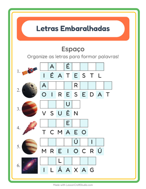 Pré-visualização da ficha de Letras Embaralhadas com Espaço para 1º ano do ensino fundamental