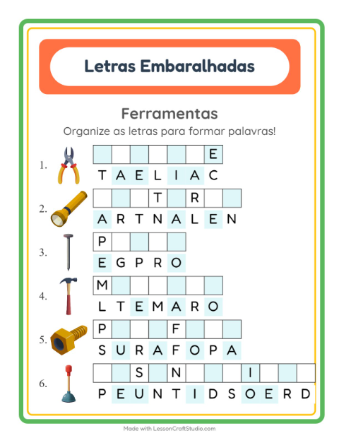 Pré-visualização da ficha de Letras Embaralhadas com Ferramentas para 1º ano do ensino fundamental