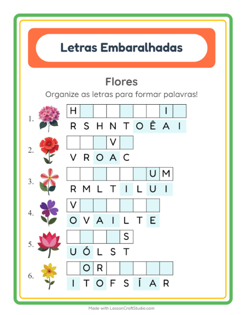 Pré-visualização da ficha de Letras Embaralhadas com Flores para 1º ano do ensino fundamental