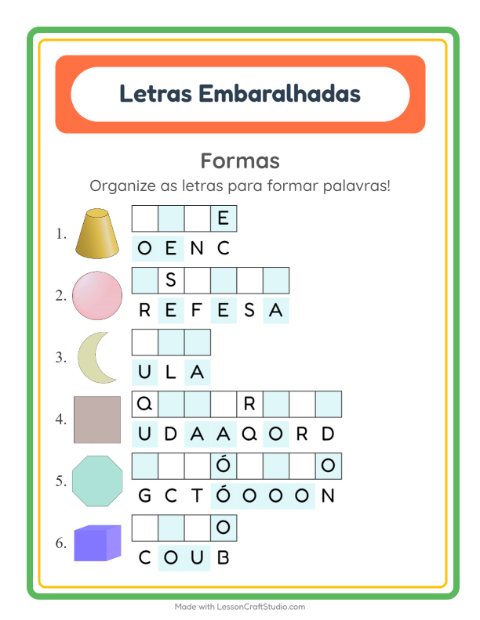 Pré-visualização da ficha de Letras Embaralhadas com Formas para 1º ano do ensino fundamental