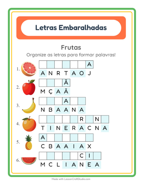 Pré-visualização da ficha de Letras Embaralhadas com Frutas para 1º ano do ensino fundamental