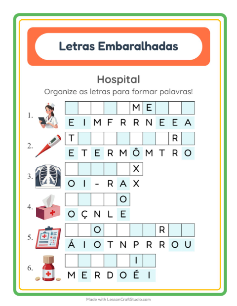 Pré-visualização da ficha de Letras Embaralhadas com Hospital para 1º ano do ensino fundamental