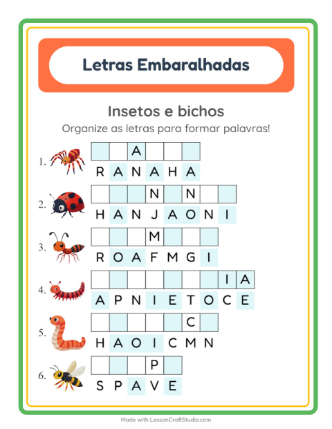 Pré-visualização da ficha de Letras Embaralhadas com Insetos e bichos para 1º ano do ensino fundamental