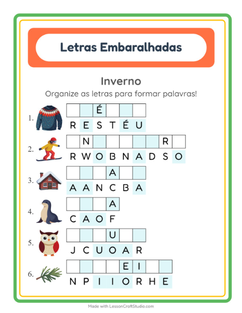 Pré-visualização da ficha de Letras Embaralhadas com Inverno para 1º ano do ensino fundamental
