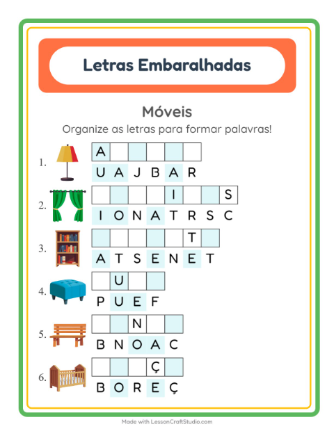Pré-visualização da ficha de Letras Embaralhadas com Móveis para 1º ano do ensino fundamental