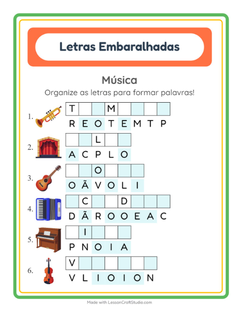 Pré-visualização da ficha de Letras Embaralhadas com Música para 1º ano do ensino fundamental
