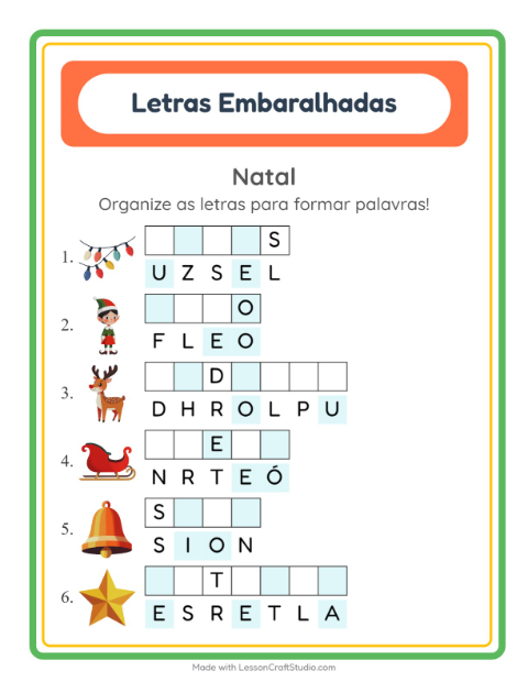 Pré-visualização da ficha de Letras Embaralhadas com Natal para 1º ano do ensino fundamental