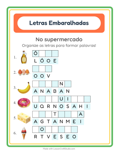 Pré-visualização da ficha de Letras Embaralhadas com No supermercado para 1º ano do ensino fundamental