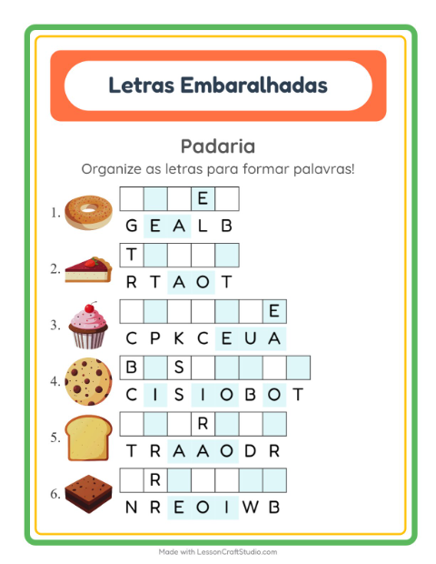 Pré-visualização da ficha de Letras Embaralhadas com Padaria para 1º ano do ensino fundamental