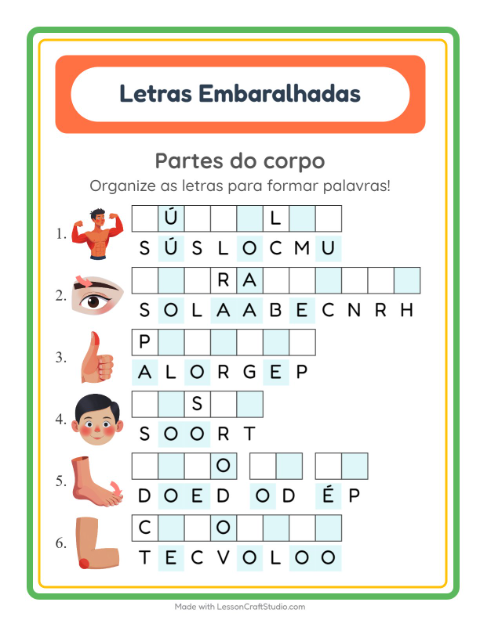 Pré-visualização da ficha de Letras Embaralhadas com Partes do corpo para 1º ano do ensino fundamental
