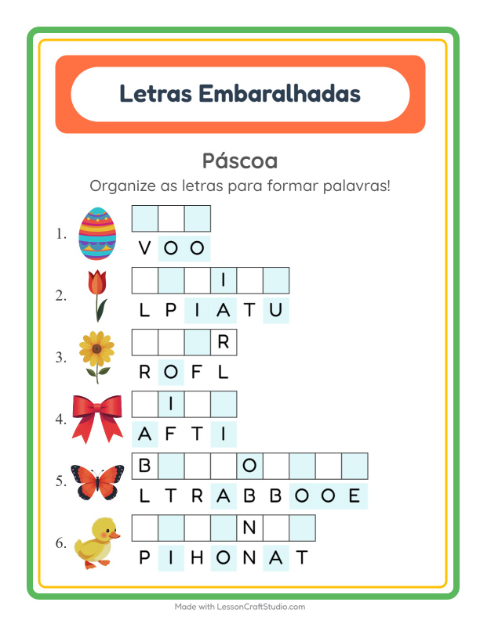 Pré-visualização da ficha de Letras Embaralhadas com Páscoa para 1º ano do ensino fundamental