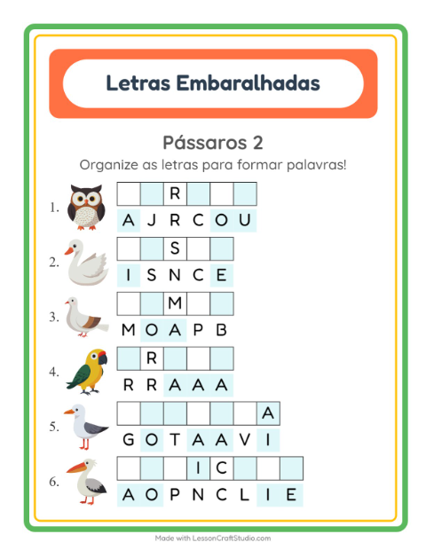Pré-visualização da ficha de Letras Embaralhadas com Pássaros 2 para 1º ano do ensino fundamental