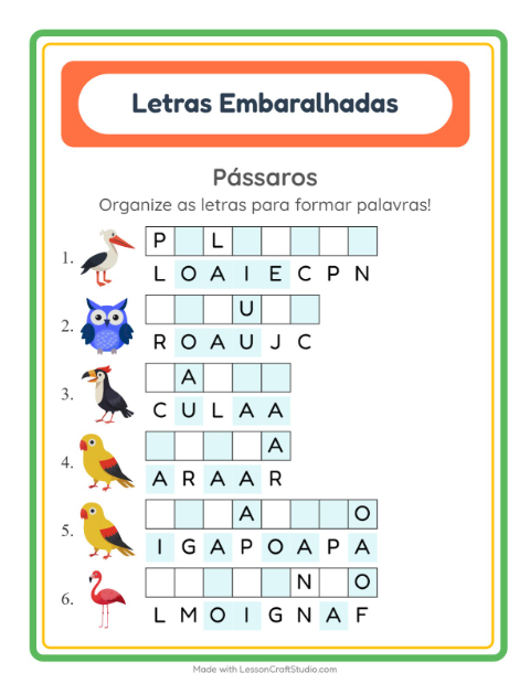 Pré-visualização da ficha de Letras Embaralhadas com Pássaros para 1º ano do ensino fundamental