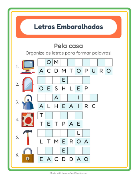Pré-visualização da ficha de Letras Embaralhadas com Pela casa para 1º ano do ensino fundamental