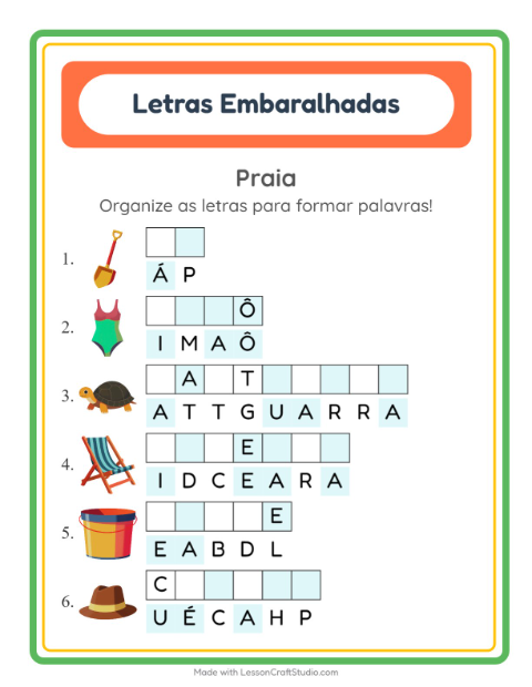Pré-visualização da ficha de Letras Embaralhadas com Praia para 1º ano do ensino fundamental