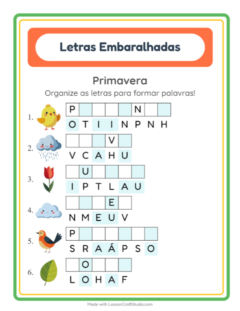 Pré-visualização da ficha de Letras Embaralhadas com Primavera para 1º ano do ensino fundamental