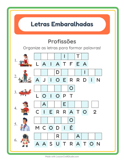 Pré-visualização da ficha de Letras Embaralhadas com Profissões para 1º ano do ensino fundamental