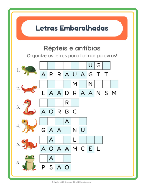 Pré-visualização da ficha de Letras Embaralhadas com Répteis e anfíbios para 1º ano do ensino fundamental