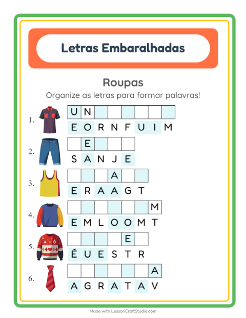 Pré-visualização da ficha de Letras Embaralhadas com Roupas para 1º ano do ensino fundamental