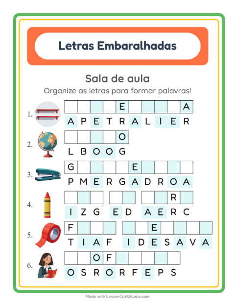 Pré-visualização da ficha de Letras Embaralhadas com Sala de aula para 1º ano do ensino fundamental