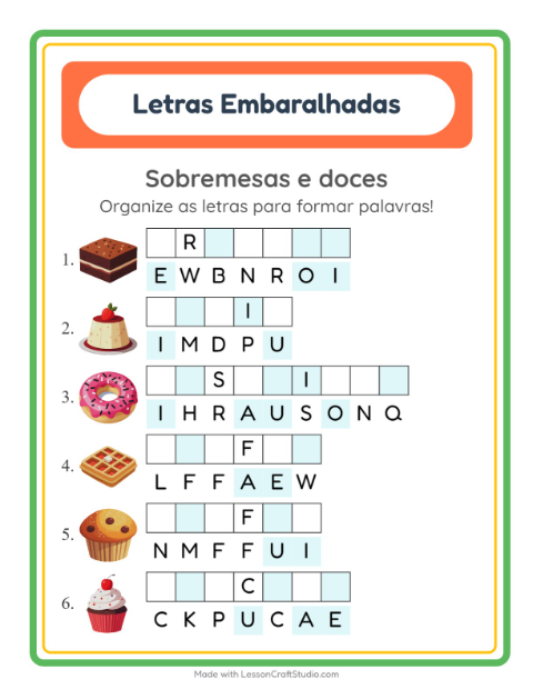 Pré-visualização da ficha de Letras Embaralhadas com Sobremesas e doces para 1º ano do ensino fundamental