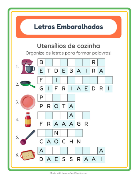Pré-visualização da ficha de Letras Embaralhadas com Utensílios de cozinha para 1º ano do ensino fundamental