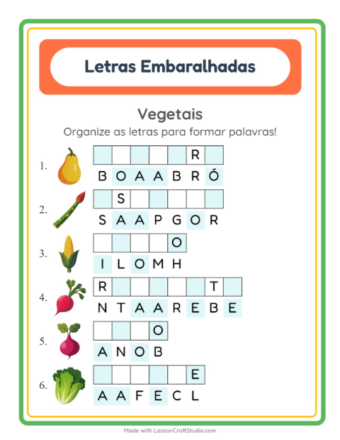 Pré-visualização da ficha de Letras Embaralhadas com Vegetais para 1º ano do ensino fundamental