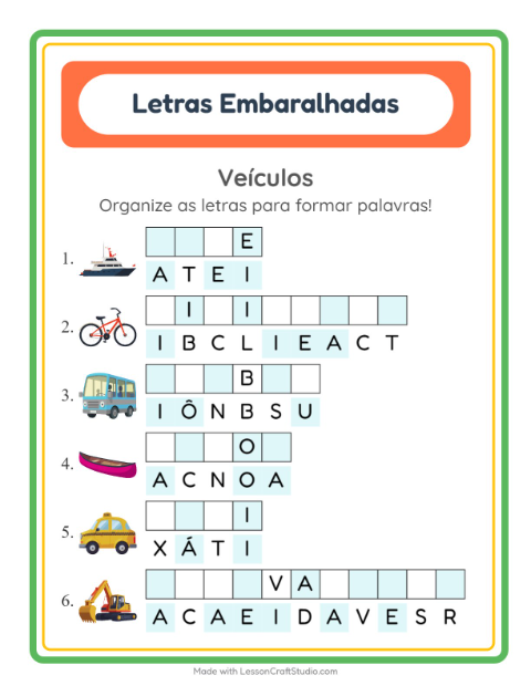 Pré-visualização da ficha de Letras Embaralhadas com Veículos para 1º ano do ensino fundamental