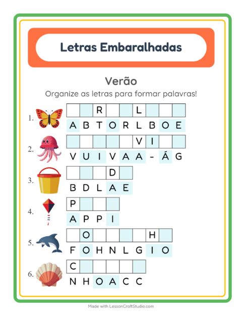 Pré-visualização da ficha de Letras Embaralhadas com Verão para 1º ano do ensino fundamental
