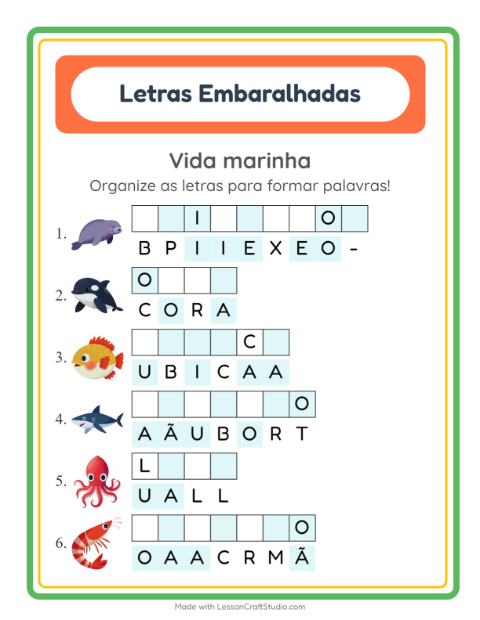 Pré-visualização da ficha de Letras Embaralhadas com Vida marinha para 1º ano do ensino fundamental